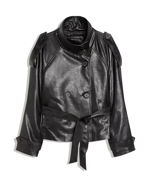 Bershka Short faux leather trench jacket in Black