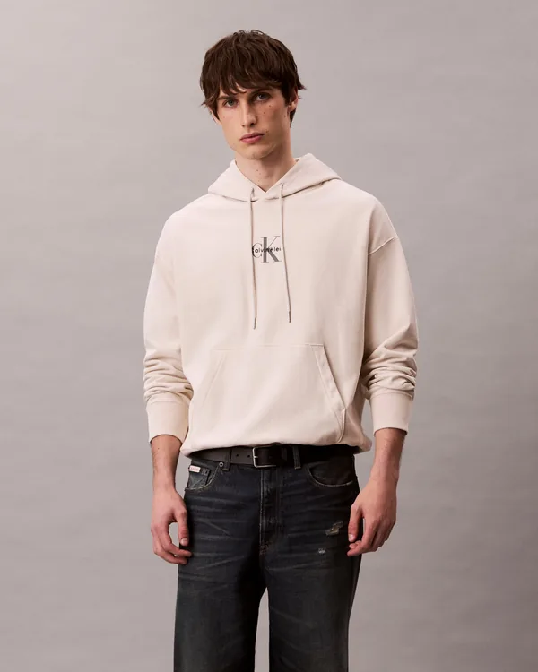 Calvin Klein Monologo Premium Fleece Hoodie in Chalk