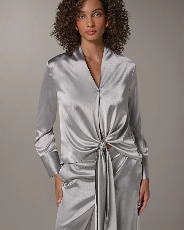 Donna Karan Satin Tie Front Wrap Top in Tuscan Grey/Silver