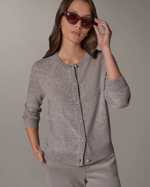 Donna Karan Wool and Cashmere Blend Cardigan in Light Grey Heather