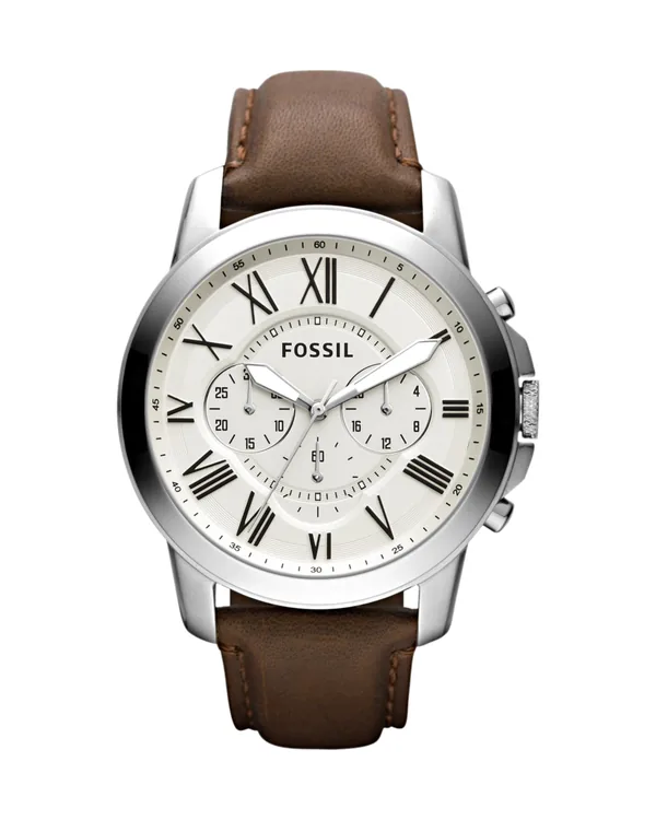 Fossil Grant 44mm Chronograph Brown Leather Watch in Brown Leather with cream dial