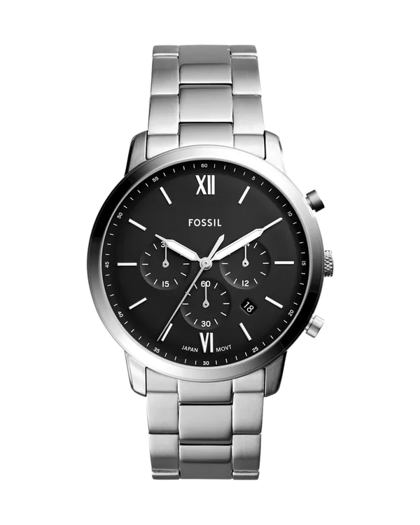 Fossil Neutra 44mm Chronograph Stainless Steel Watch in Stainless Steel with black dial