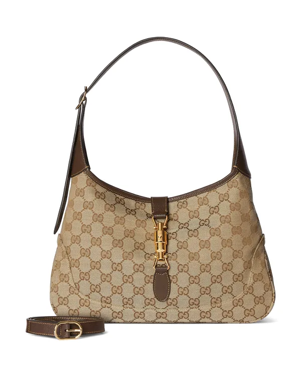 Gucci Jackie 1961 Medium Shoulder Bag in Sand and dark brown GG canvas