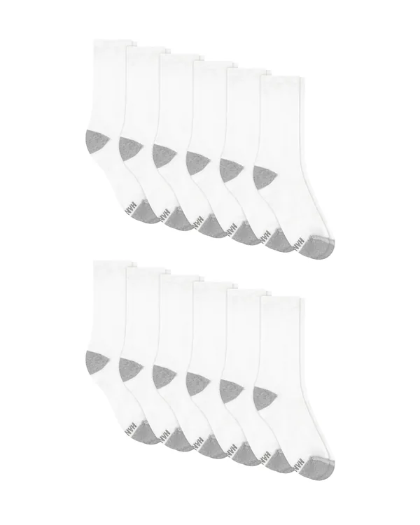 Hanes Men's X-Temp Active Cool Lightweight Crew Socks, 12-Pack in White With Gray Logo