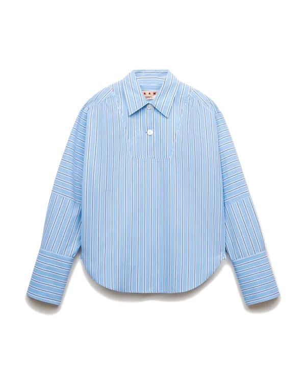 Marni Striped Poplin Shirt with Bib Insert in Light Blue