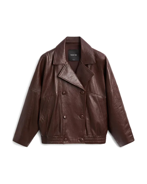 Massimo Dutti Nappa Leather Bomber Jacket in Brown