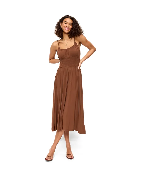 Old Navy Fit & Flare Jersey Smocked-Waist Midi Dress in Coco De Mer