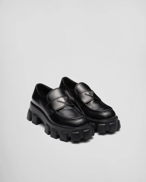 Prada Monolith Brushed Leather Loafers in Black