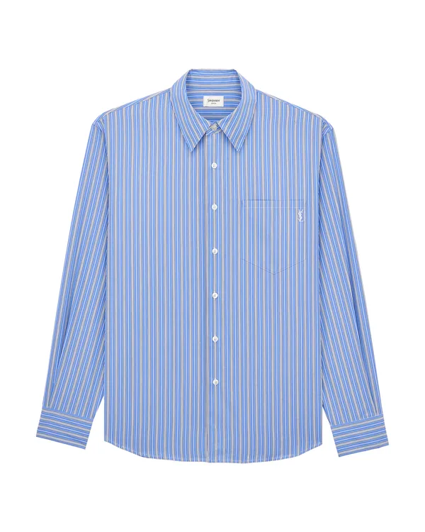 Saint Laurent Cassandre Shirt in Striped Cotton Poplin in Bleu Craie Noir