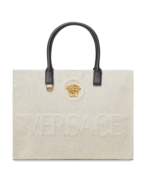 Versace La Medusa Large Canvas Tote in Beige